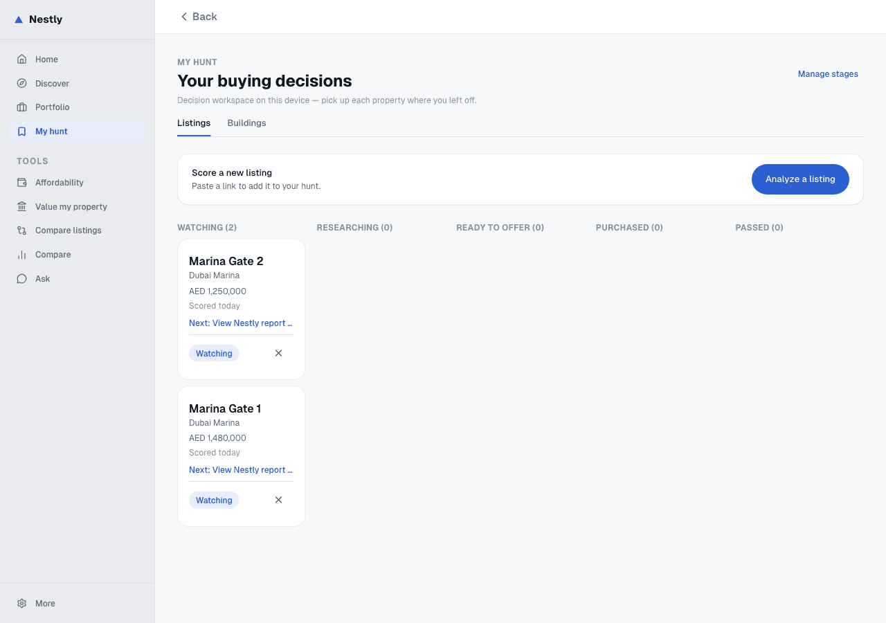 Nestly My Hunt board showing saved listings organized by stage, with price and status for each